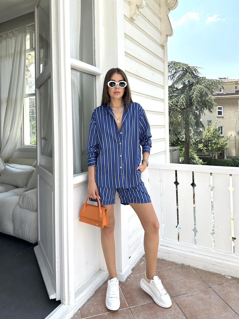 Çizgili Şort Gömlek Takım Lacivert-Gri