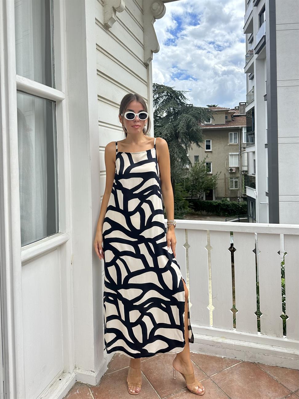 Desenli Elbise Siyah-Ekru