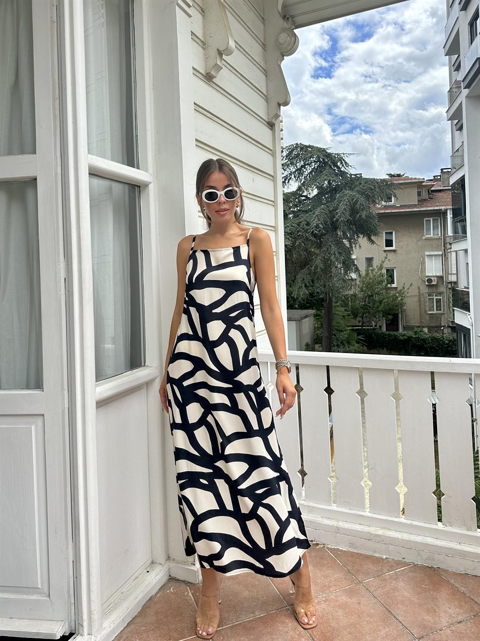 Desenli Elbise Siyah-Ekru