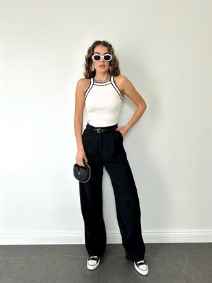 Düz Askısı İnce Çizgili Bluz