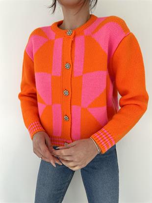 Geometrik Desenli Hırka Turuncu-Pembe