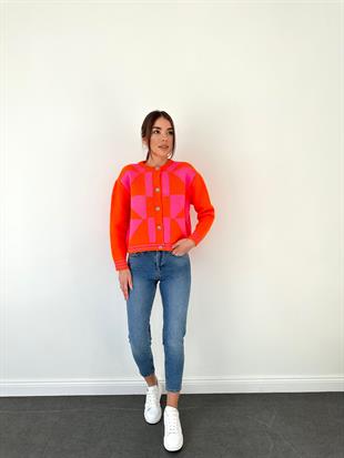 Geometrik Desenli Hırka Turuncu-Pembe