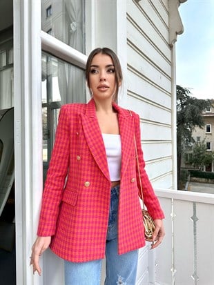 Kareli Pembe Tüvit Ceket