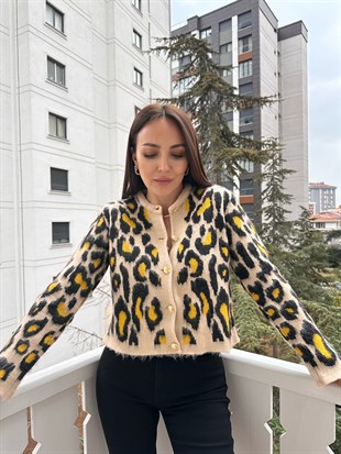 Kısa Leopar Şardonlu Hırka Milk Antrasit