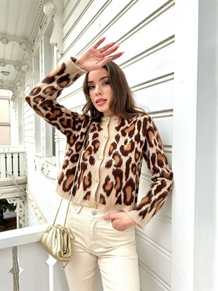 Kısa Leopar Şardonlu Hırka Camel-Acı Kahve