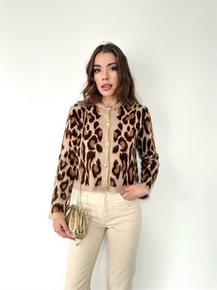 Kısa Leopar Şardonlu Hırka Camel-Acı Kahve