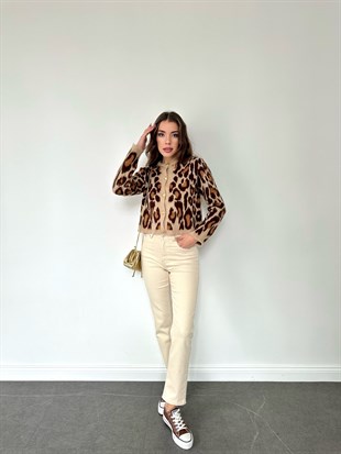 Kısa Leopar Şardonlu Hırka Camel-Acı Kahve