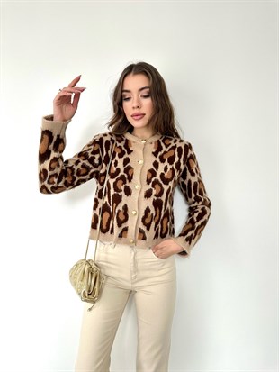 Kısa Leopar Şardonlu Hırka Camel-Acı Kahve