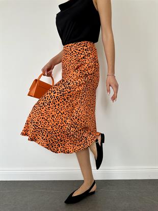 Leopar Desen Saten Etek Oranj
