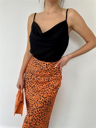 Leopar Desen Saten Etek Oranj