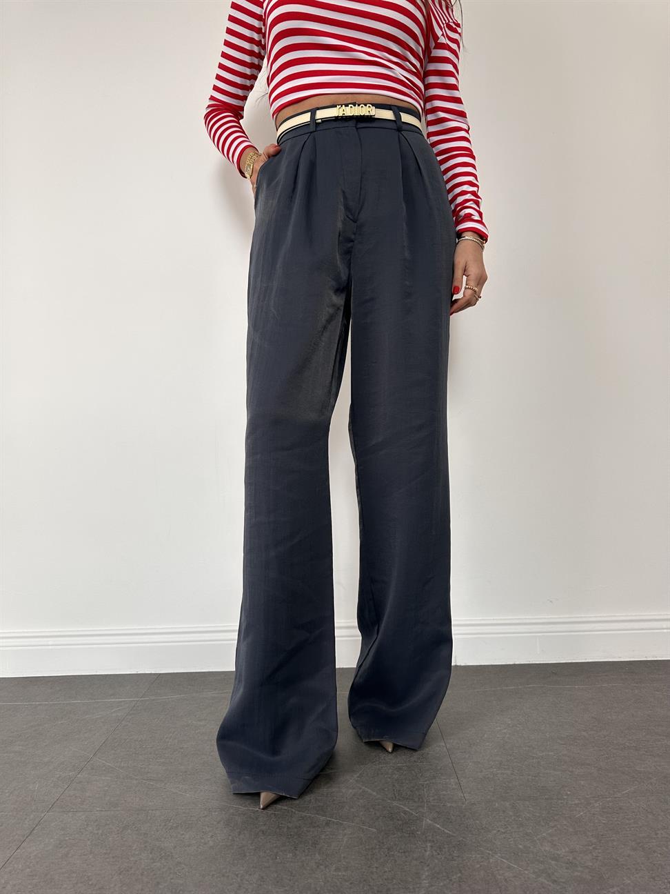 Palazzo Kadın Tencel Pantolon Lacivert