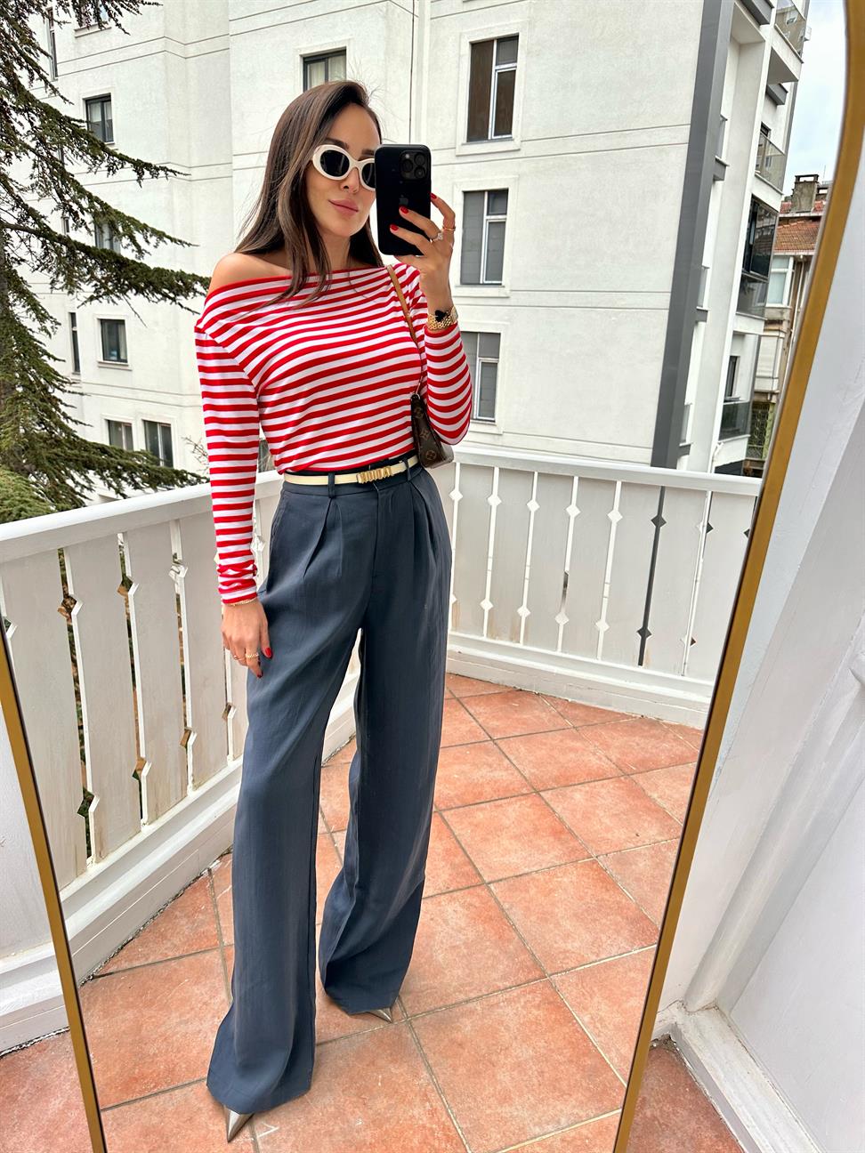 Palazzo Kadın Tencel Pantolon Lacivert