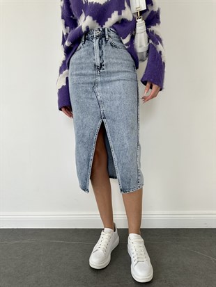 Parçalı Jean Etek Mavi