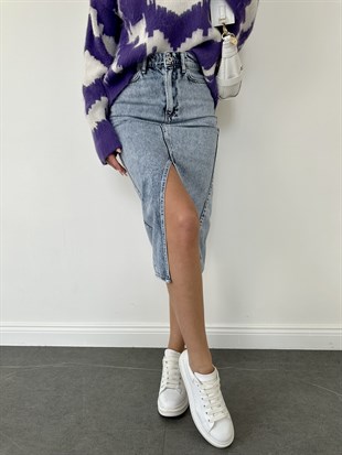 Parçalı Jean Etek Mavi