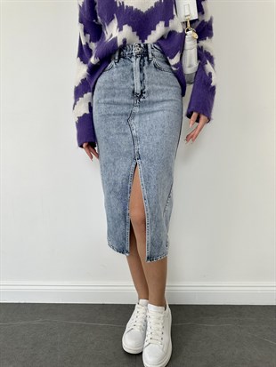 Parçalı Jean Etek Mavi