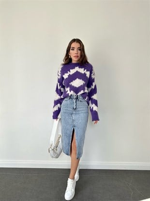 Parçalı Jean Etek Mavi