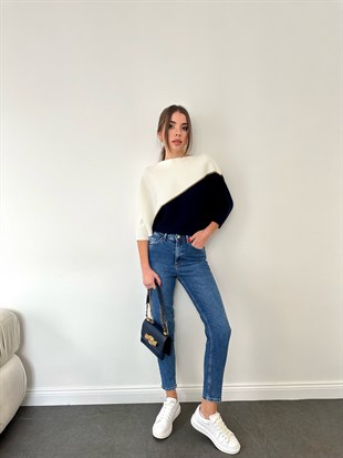 Sarı Simli Kısa Yarasa Kol Kazak Kemik Lacivert