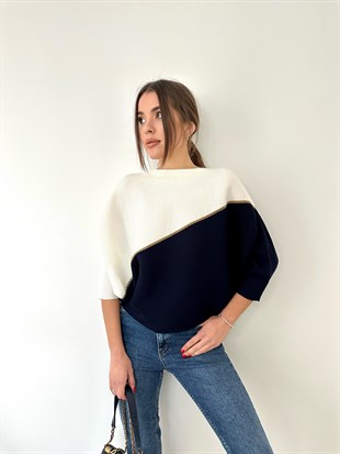 Sarı Simli Kısa Yarasa Kol Kazak Kemik Lacivert