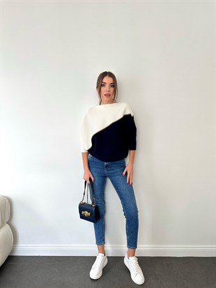 Sarı Simli Kısa Yarasa Kol Kazak Kemik Lacivert