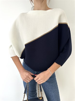 Sarı Simli Kısa Yarasa Kol Kazak Kemik Lacivert