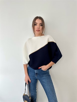 Sarı Simli Kısa Yarasa Kol Kazak Kemik Lacivert