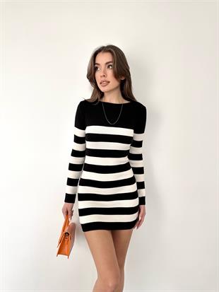 Siyah-Beyaz Triko Kısa Elbise