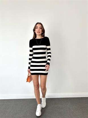 Siyah-Beyaz Triko Kısa Elbise