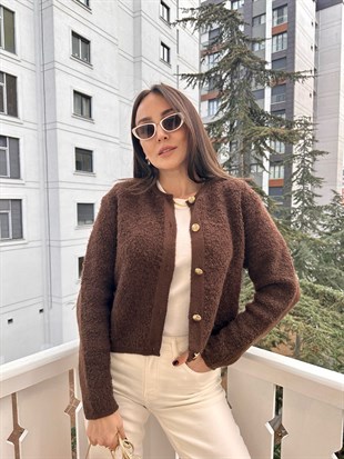 Acı Kahve Altın Renk Düğmeli Hırka