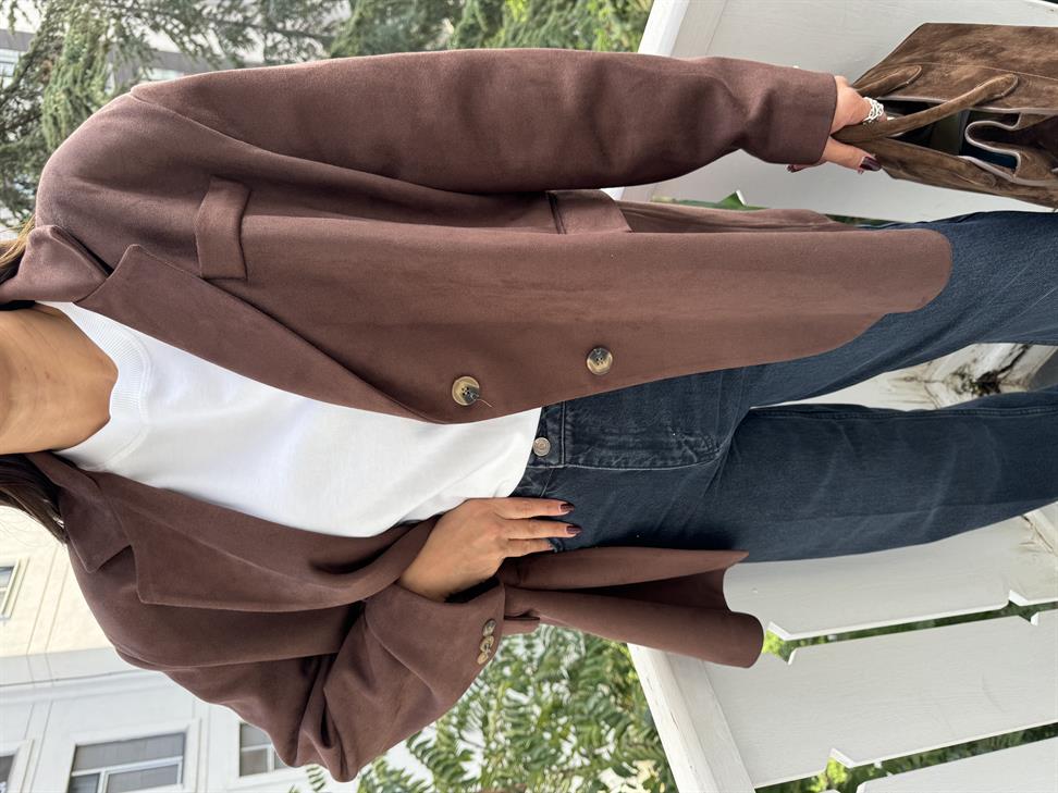 Acı Kahve Bağlama Detay Süet Ceket