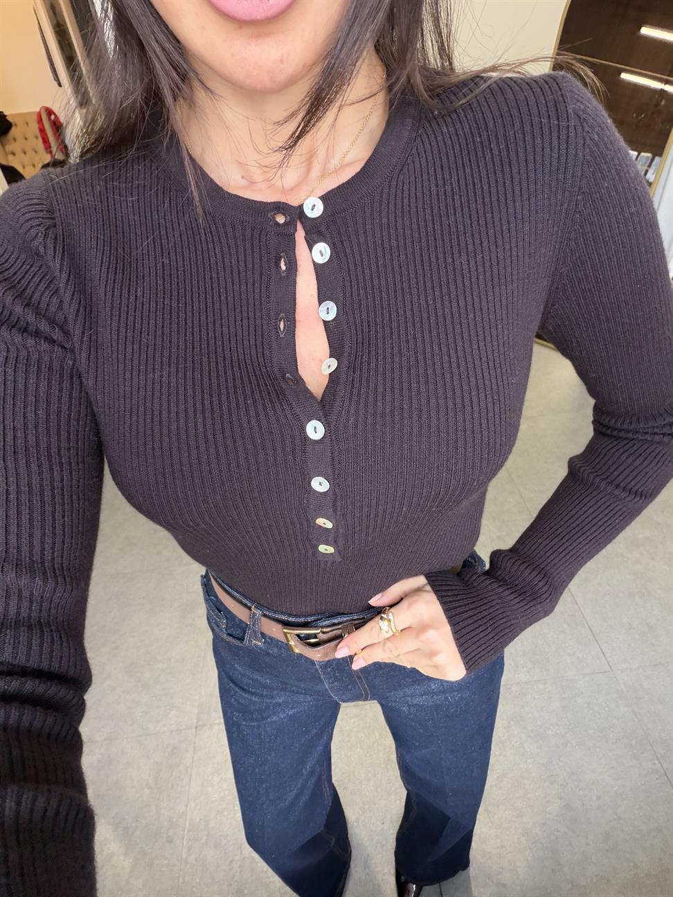 Acı Kahve Bisiklet Yaka Yünlü Düğmeli Triko Kazak