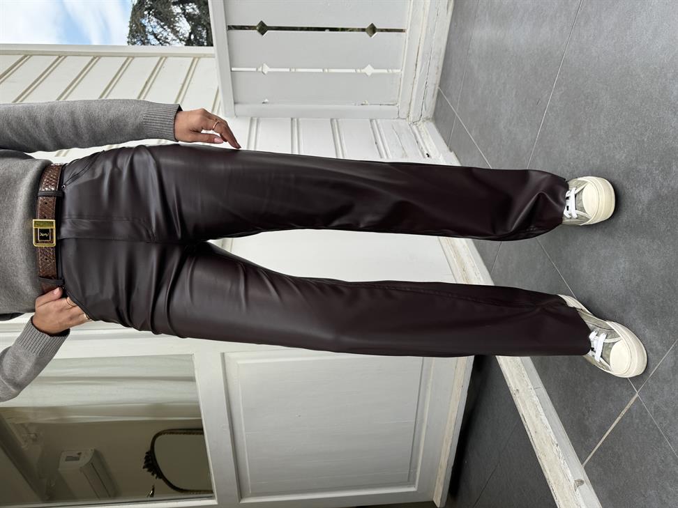 Acı Kahve Bol Paça Deri Pantolon