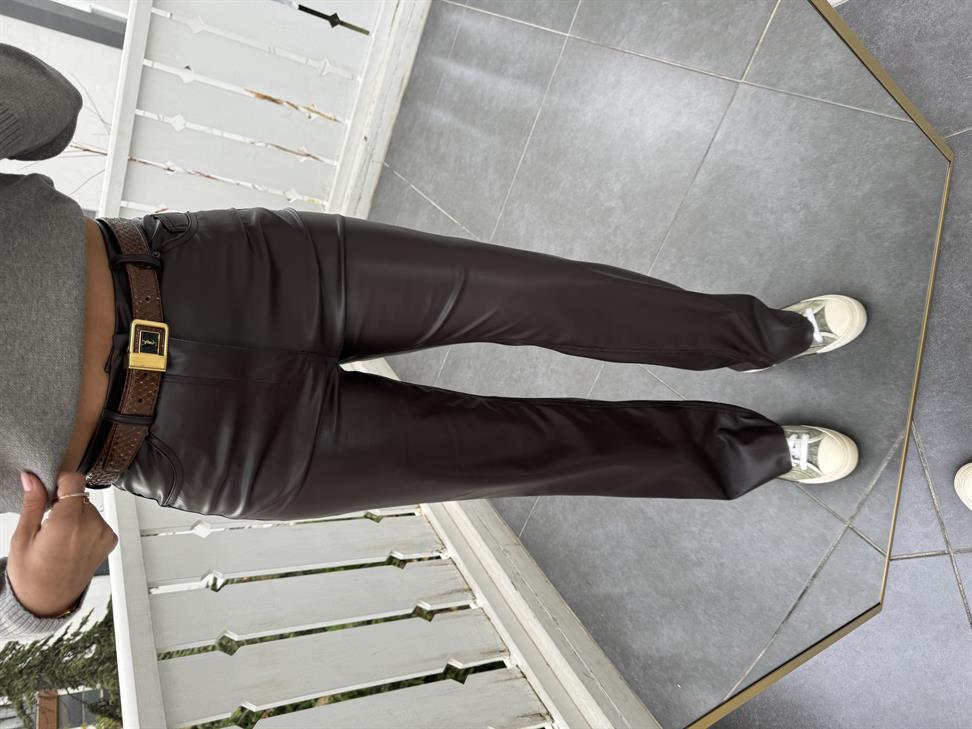 Acı Kahve Bol Paça Deri Pantolon