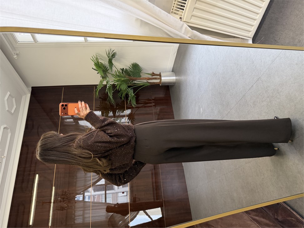 Acı Kahve Kancalı Wide Leg Kumaş Pantolon