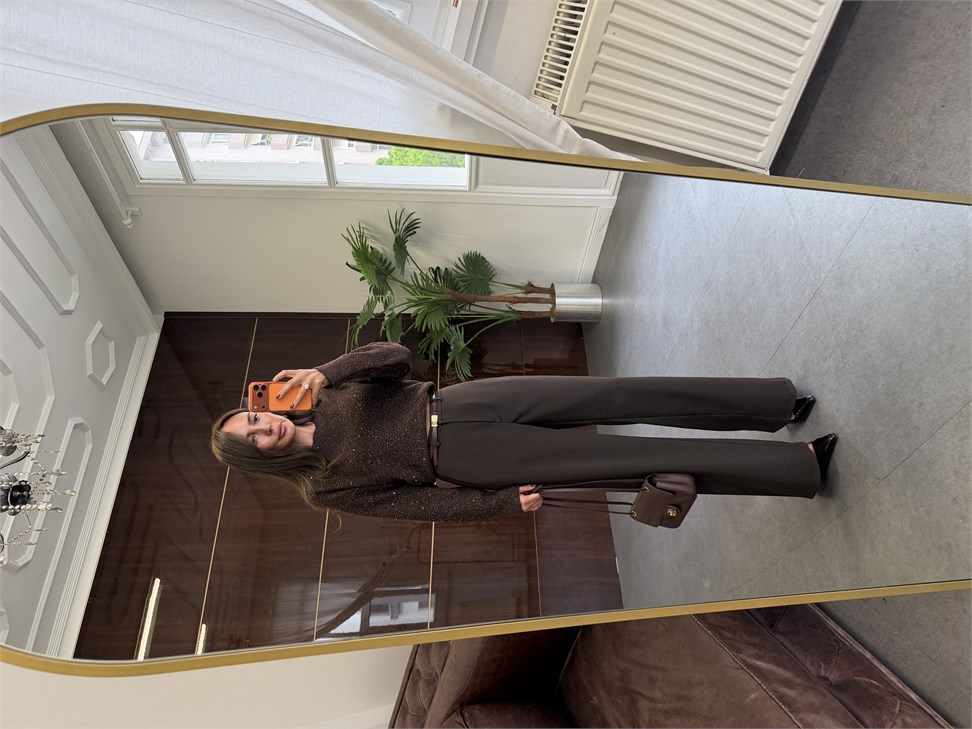 Acı Kahve Kancalı Wide Leg Kumaş Pantolon