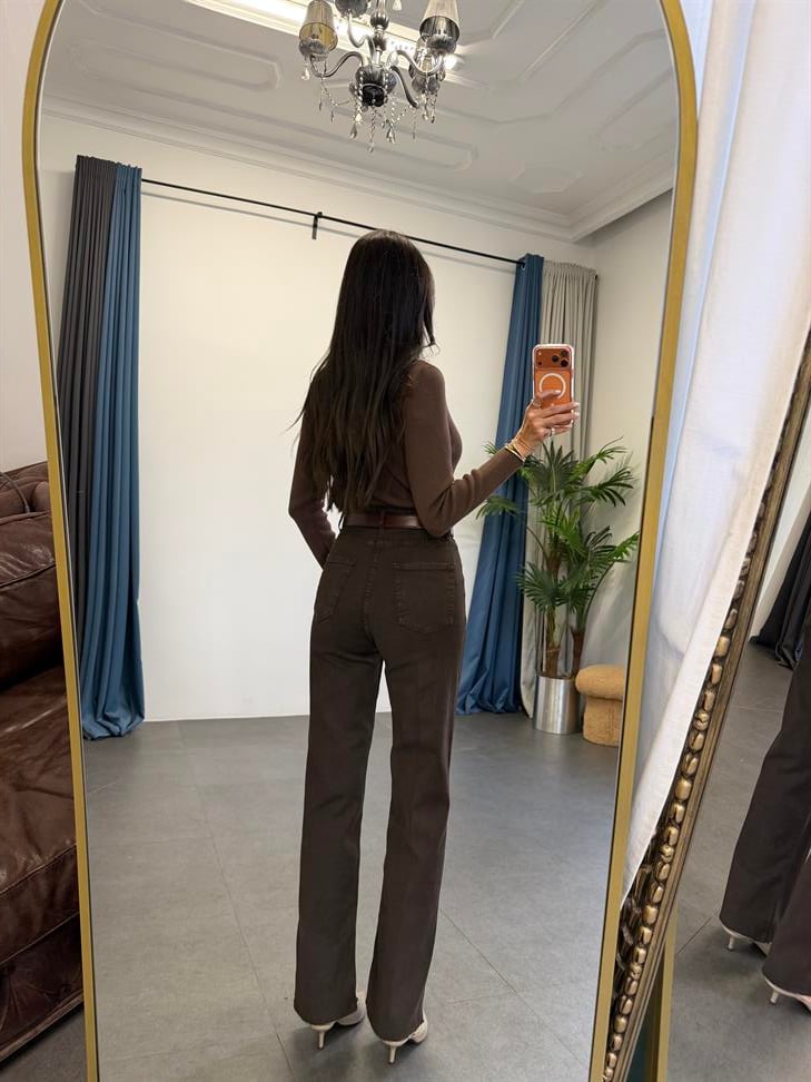Bitter Kahve Kesik Paça Straight Denim
