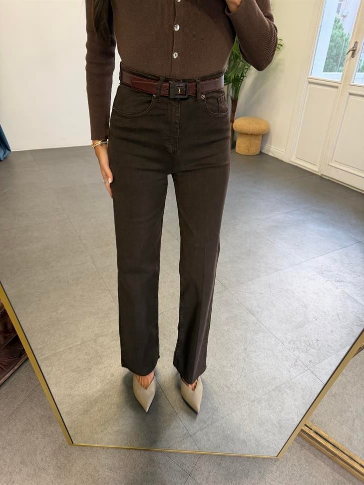 Bitter Kahve Kesik Paça Straight Denim