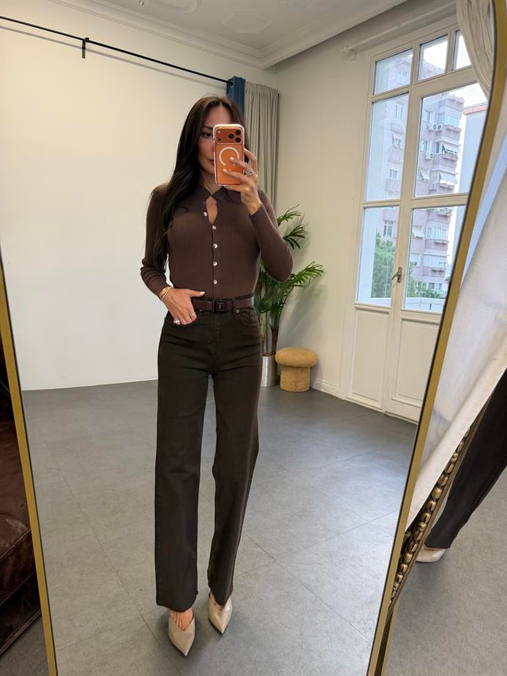 Bitter Kahve Kesik Paça Straight Denim