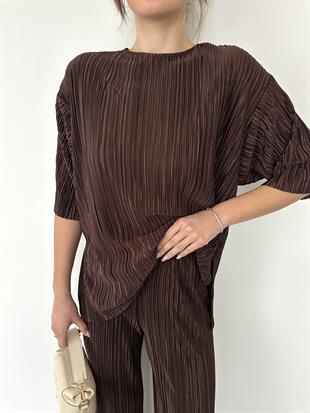 Acı Kahve Kısa Kollu Salaş Kadın Takım