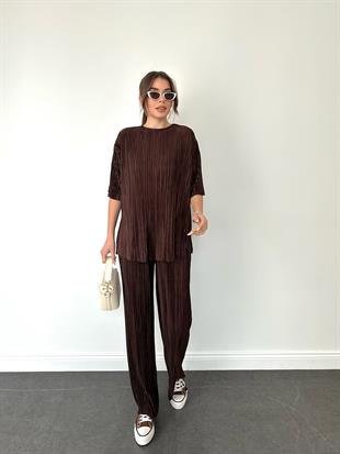 Acı Kahve Kısa Kollu Salaş Kadın Takım