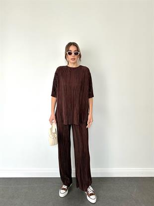 Acı Kahve Kısa Kollu Salaş Kadın Takım