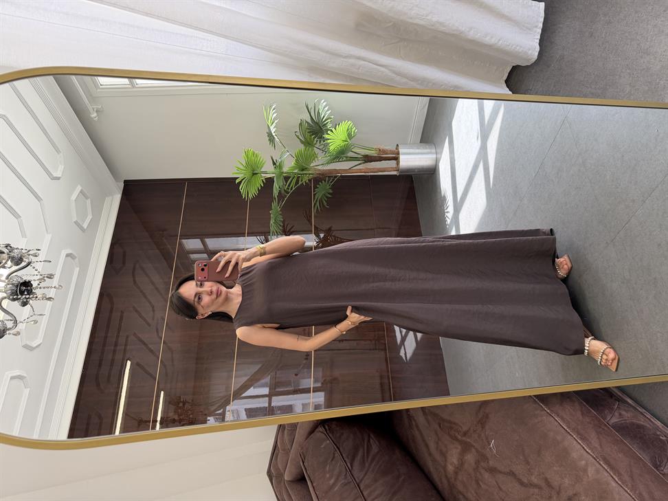 Acı Kahve Kolsuz Uzun Elbise