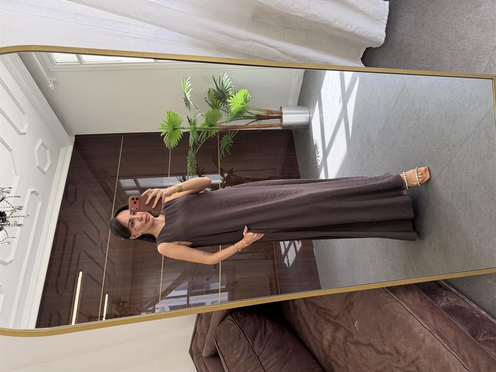 Acı Kahve Kolsuz Uzun Elbise