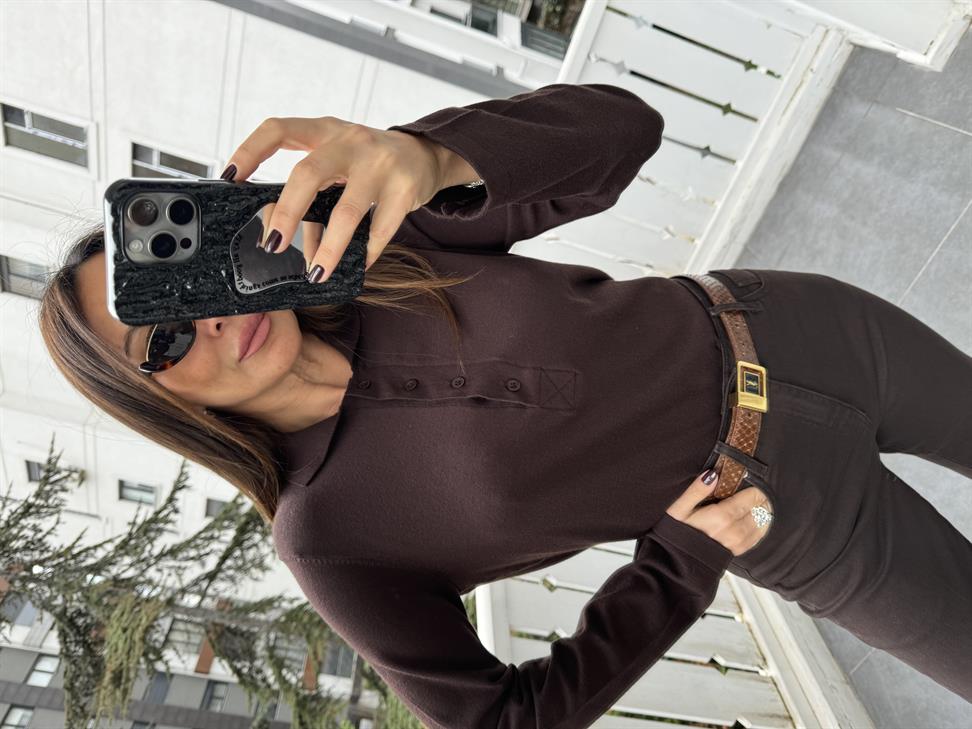 Acı Kahve Önü 4 Düğme Polo Yaka Kazak