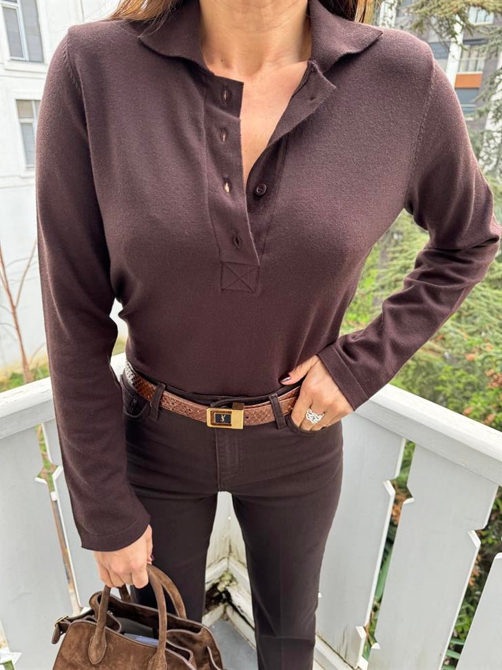 Acı Kahve Önü 4 Düğme Polo Yaka Kazak