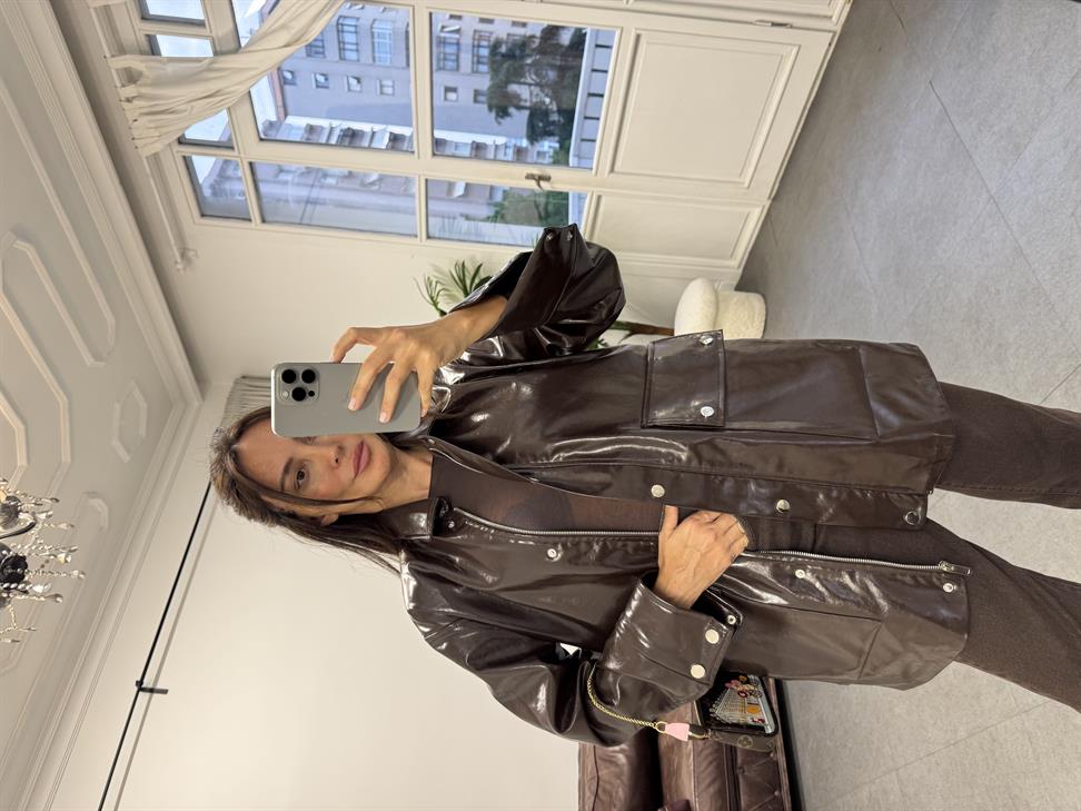 Acı Kahve Parlak 2 Cepli Deri Ceket