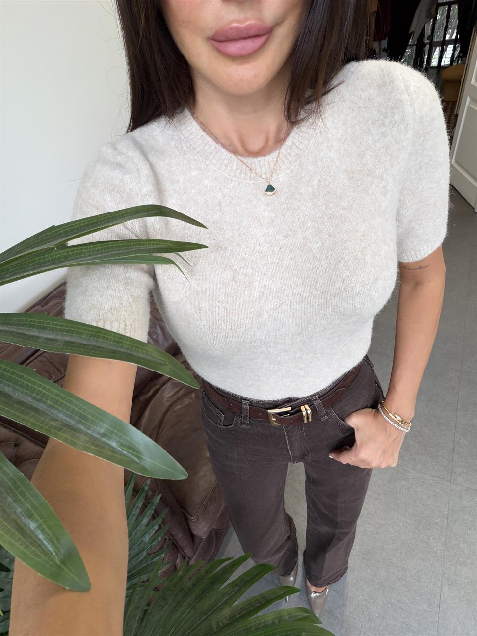 Açık Bej Melanj Bisiklet Yaka Yumuşak Dokulu Kısa Kol Triko Kazak