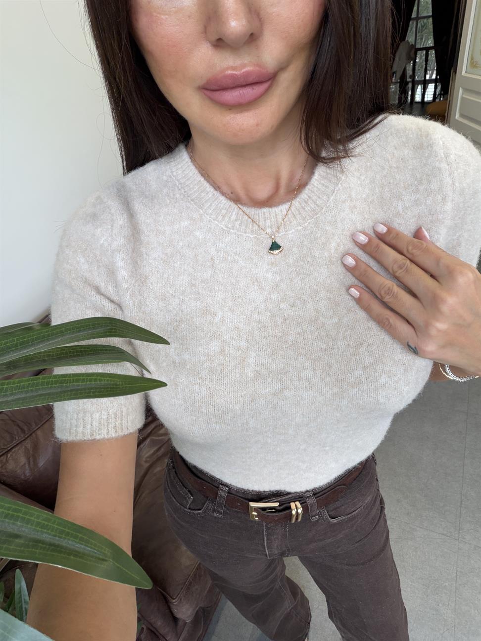 Açık Bej Melanj Bisiklet Yaka Yumuşak Dokulu Kısa Kol Triko Kazak