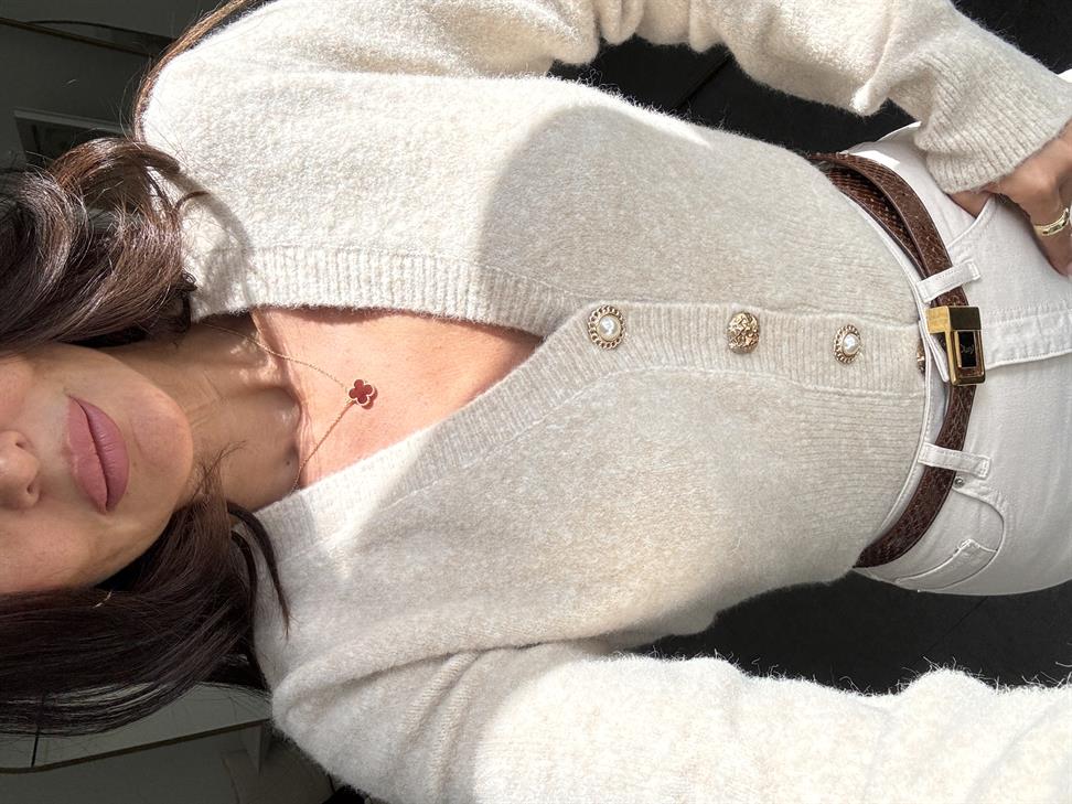 Açık Bej Melanj V Yaka Düğmeli Triko Hırka