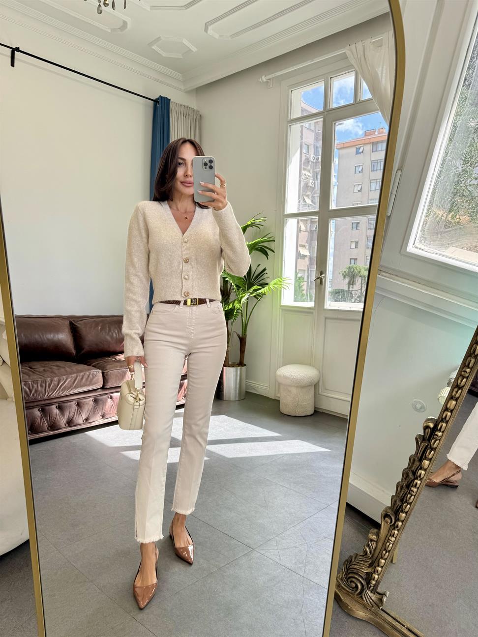 Açık Bej Melanj V Yaka Düğmeli Triko Hırka