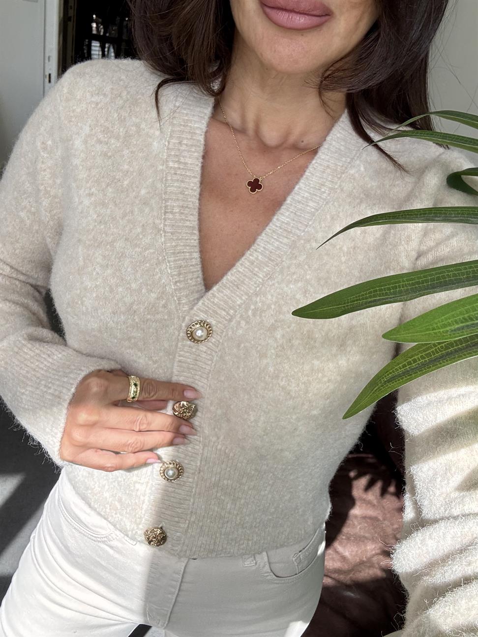 Açık Bej Melanj V Yaka Düğmeli Triko Hırka